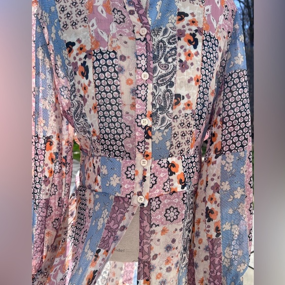 Sheer Patchwork 1/2 Button Up Duster Pink Blue G.I.L.I. Got It Love It Sz M - Picture 7 of 8